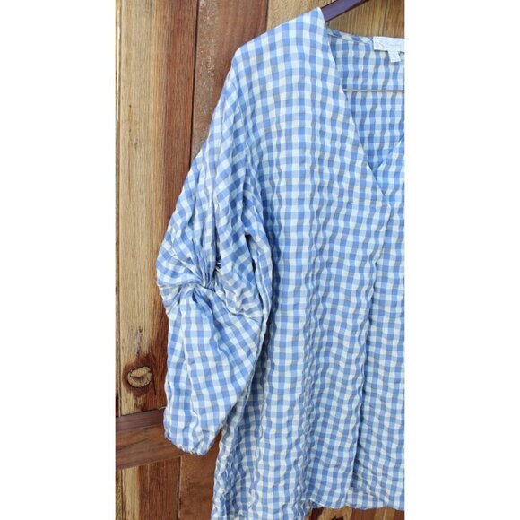 Suzanne Betro Gingham boho women's top Blue & white Twist sleeve size 2X Blouse - Picture 5 of 10